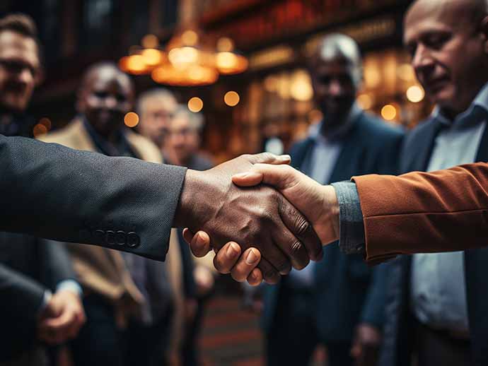 Two people handshaking at a networking event
