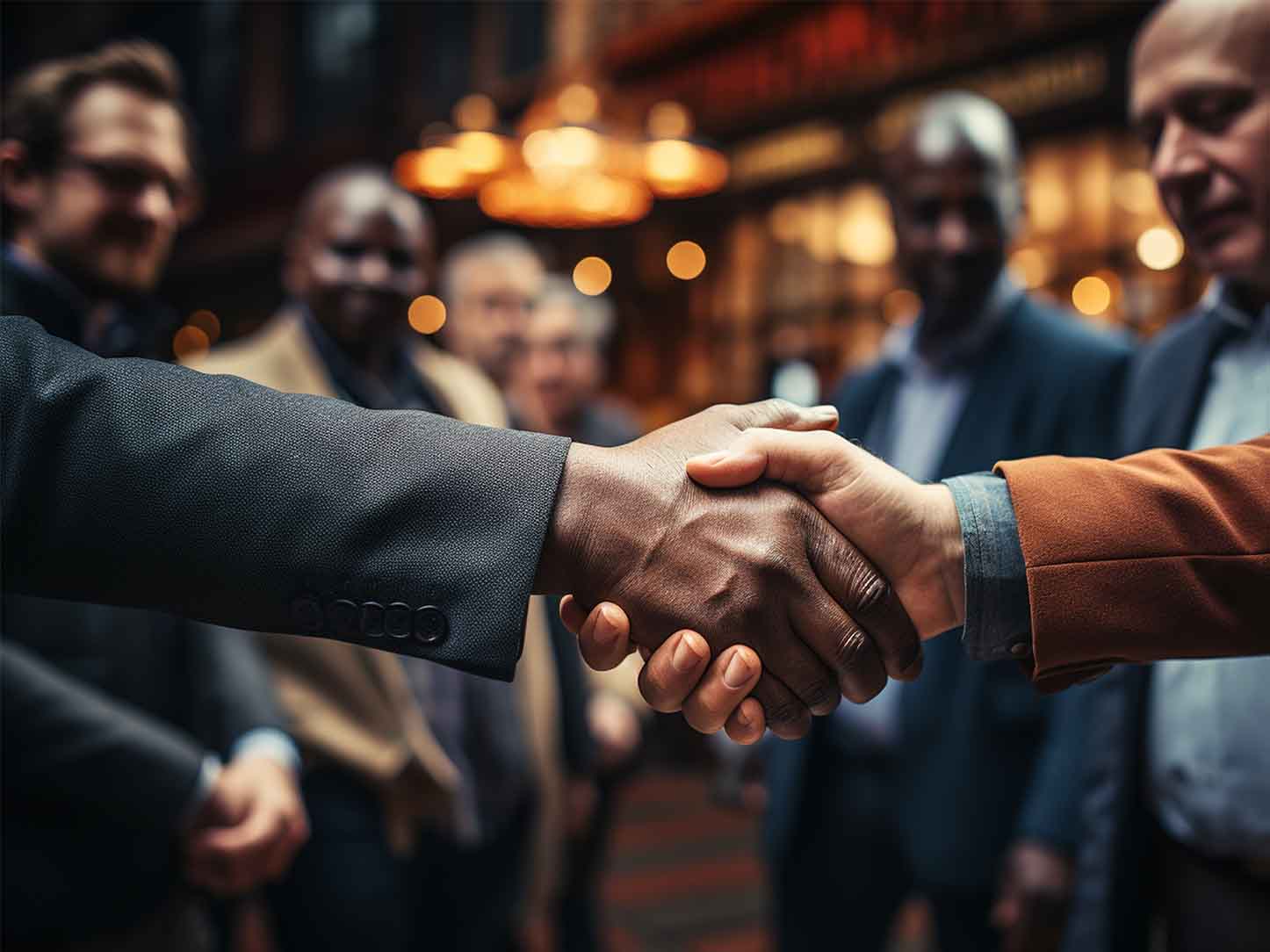 Two people handshaking at a networking event