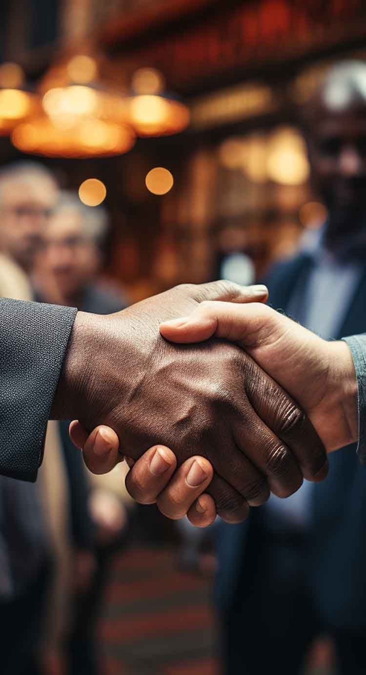 Two people handshaking at a networking event
